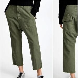 NEW Nili Lotan 10 Drop Crotch Slouchy Luna Pant Cropped Cotton Linen Camo Green